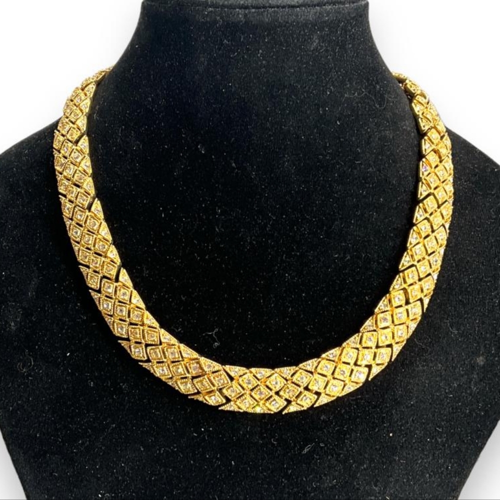 BEAUTIFUL CHOKER in gold-tone metal with mesh & diamond statement necklace  EUC